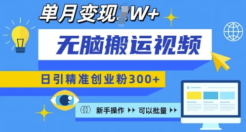 无脑搬运视频号可批量复制，新手即可操作，日引精准创业粉300+，月变现过W 【揭秘】-口袋创业家