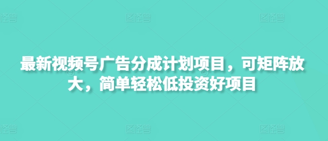 最新视频号广告分成计划项目，可矩阵放大，简单轻松低投资好项目-悟空云赚AI