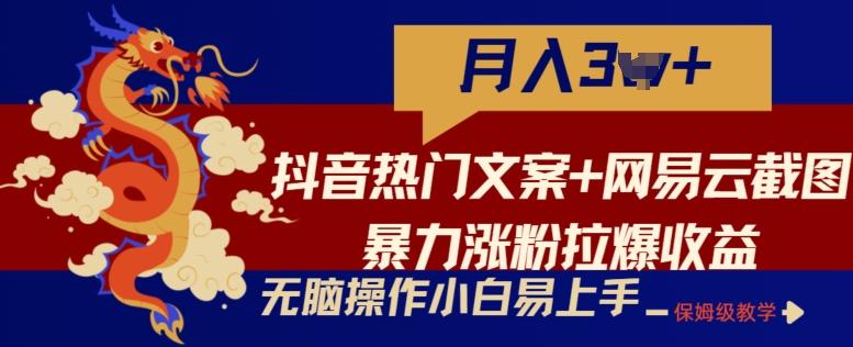 抖音热门文案+网易云截图暴力涨粉拉爆收益玩法，小白无脑操作，简单易上手【揭秘】-悟空云赚AI