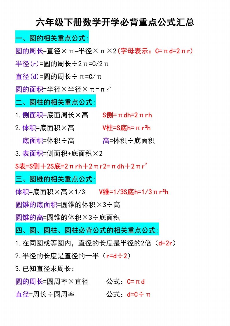 六下数学必背重点公式汇总-悟空云赚AI