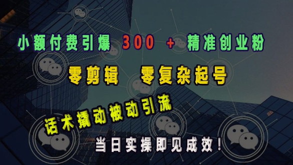 小额付费引爆 300 + 精准创业粉，零剪辑、零复杂起号，话术撬动被动引流，当日实操即见成效-悟空云赚AI