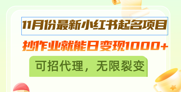 11月份最新小红书起名项目，抄作业就能日变现1000+，可招代理，无限裂变-悟空云赚AI