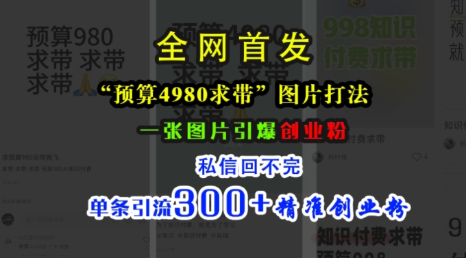 小红书“预算4980带我飞”图片打法，一张图片引爆创业粉，私信回不完，单条引流300+精准创业粉-口袋创业家